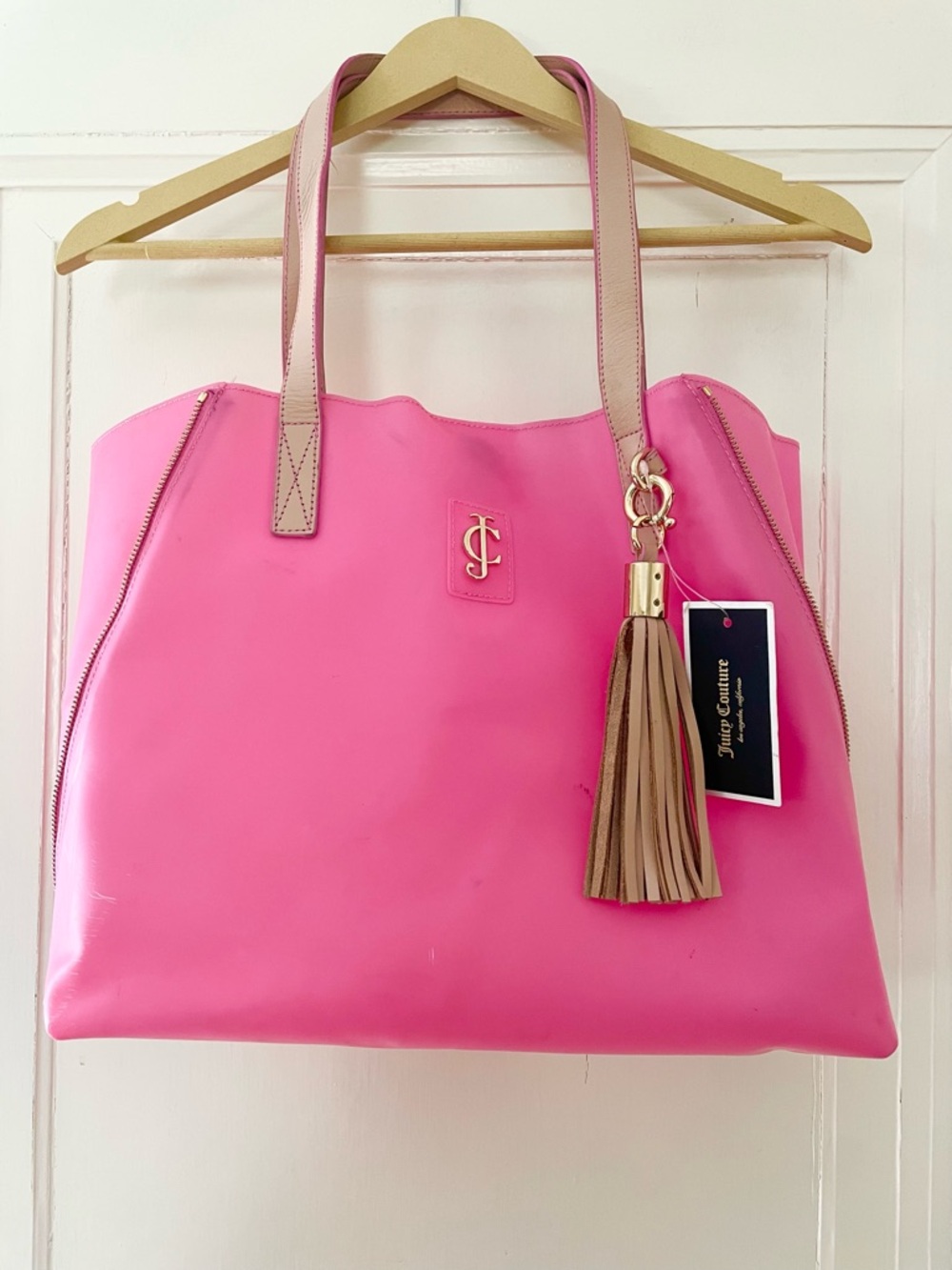 Juicy Couture Pacific Coast Hot Pink Jelly Tote, Zipper Gusset & Leather Straps